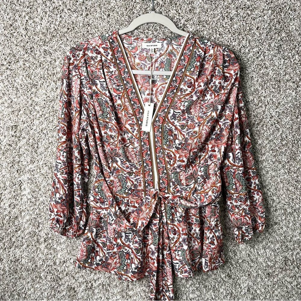 Max Studio Top Women's Small Crepe Tie Front 3/4 Sleeve Smocked Back Paisley NWT